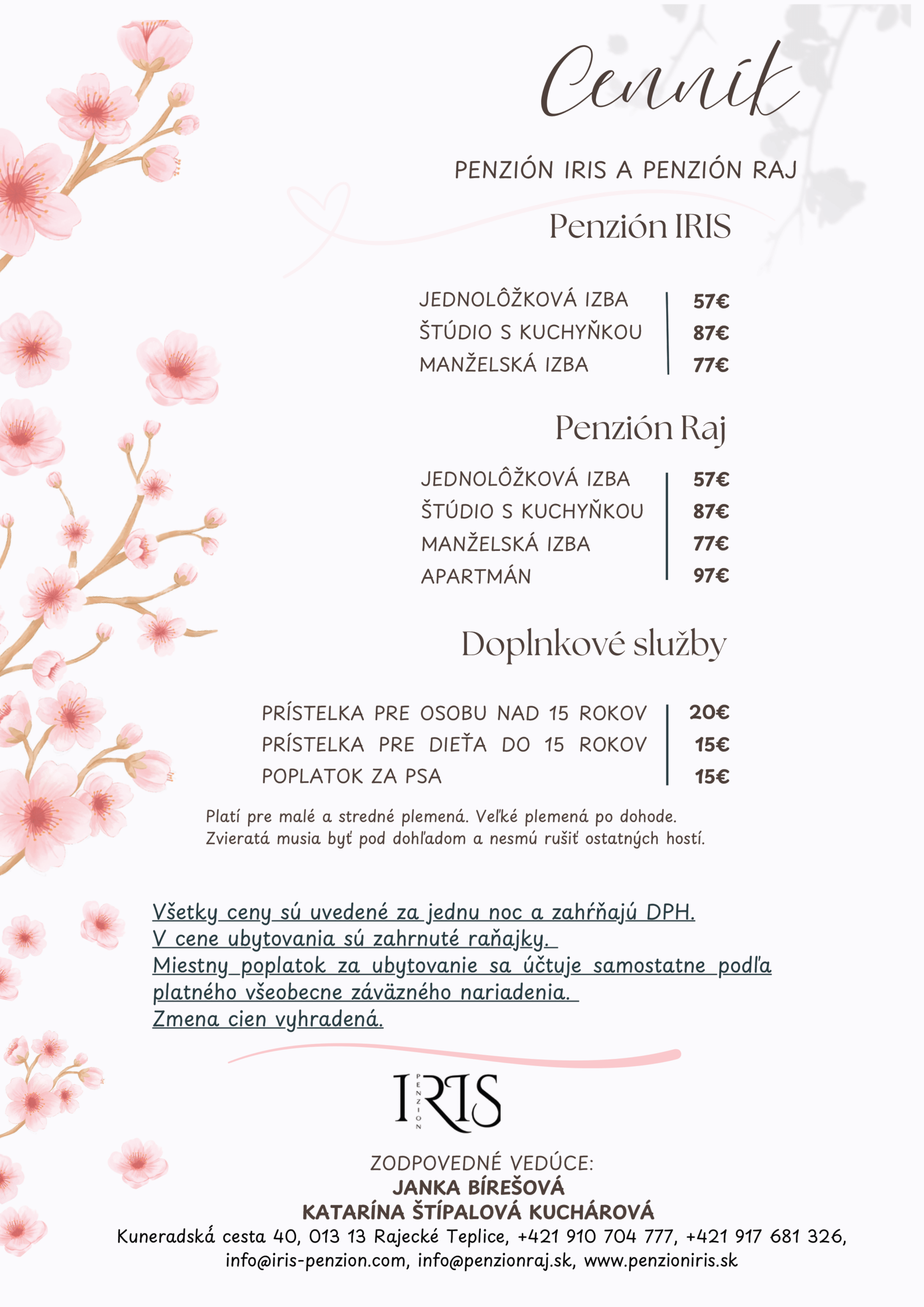 cenník ubytovania - penzión iris a penzión raj